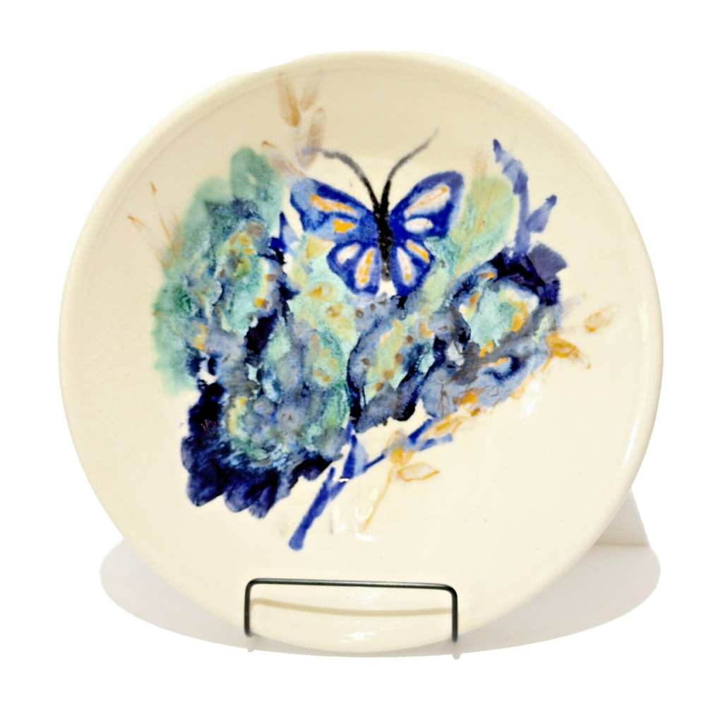 Hand Thrown Art Pottery Bowl Butterfly Iridescent Blue Green Artist Signed 10.5" - Picture 1 of 6